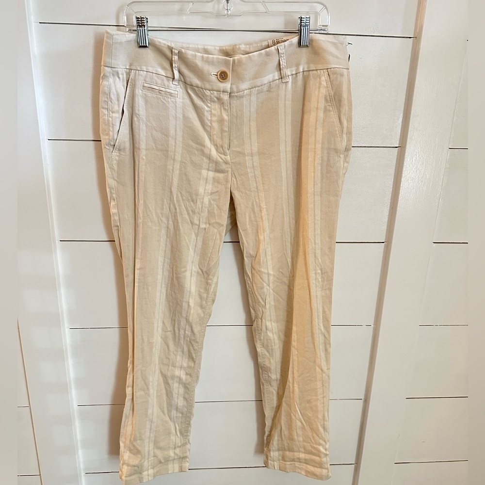 New 8 LOFT Linen Cream stripe Marissa skinny lagonlook coastal relaxed hip pant